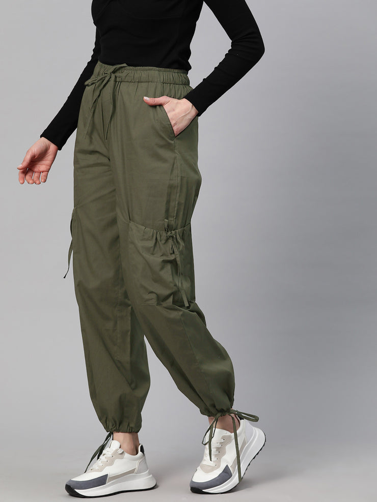 Olive Green Loose Fit High-Rise Pure Cotton Parachute Cargo Trouser