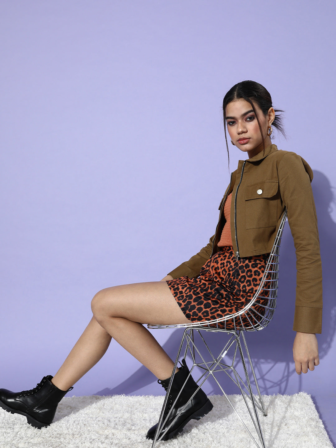 Khaki Solid Pure Cotton Cropped Jacket