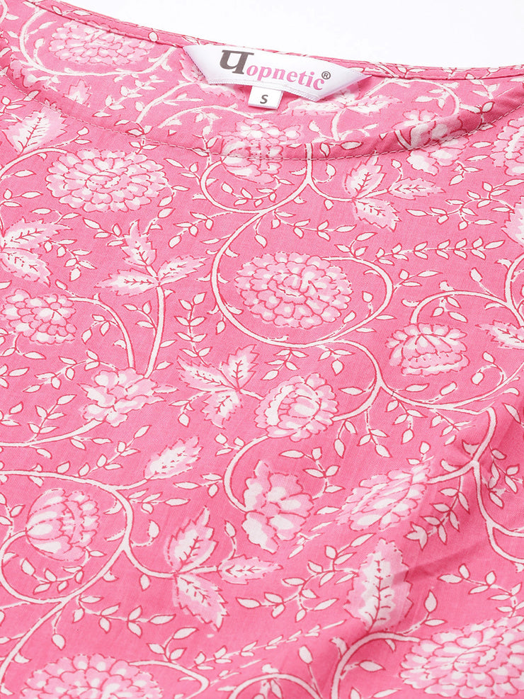 Fuchsia Floral Printed Cotton A-Line Dress