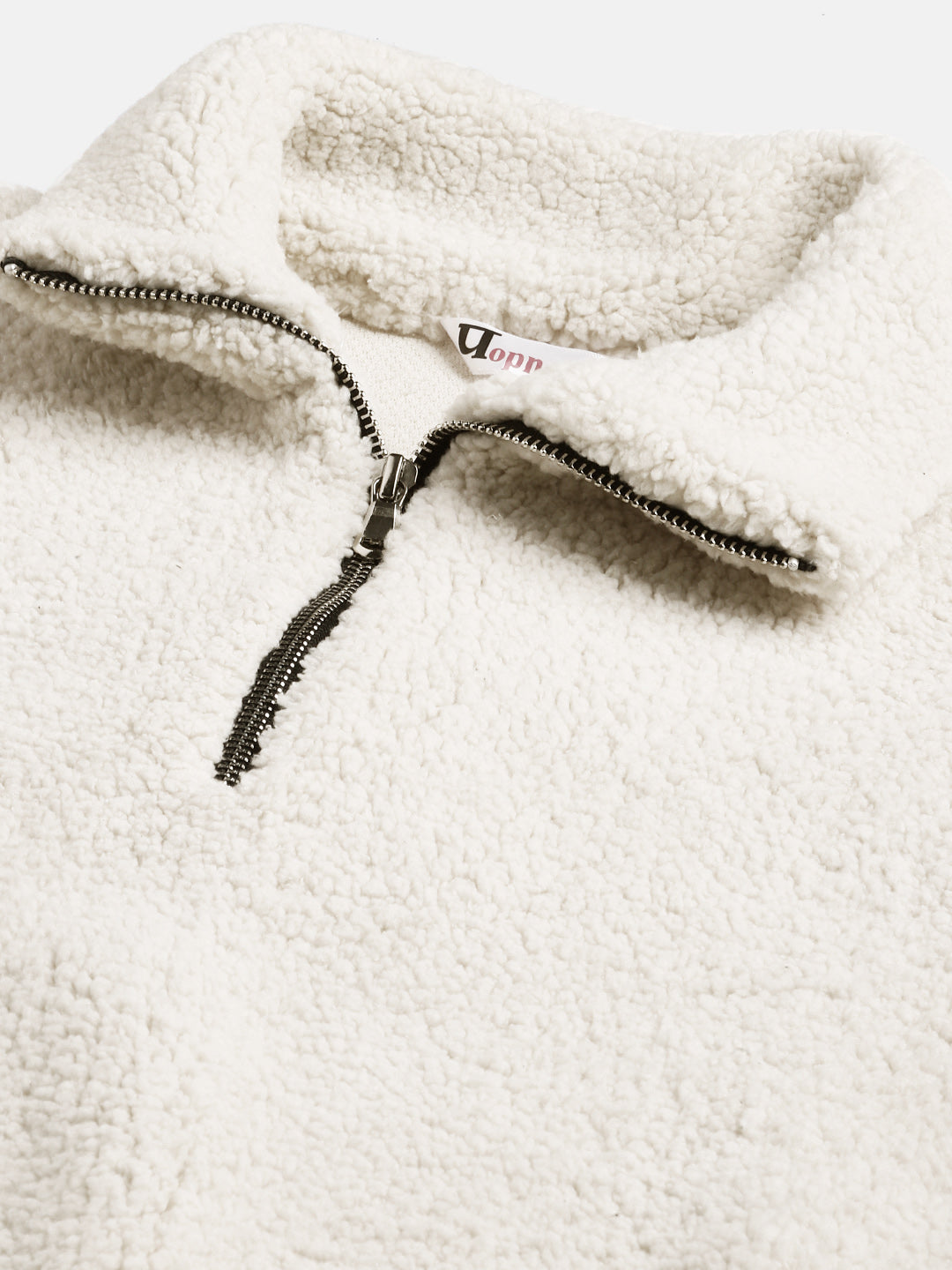 Women Off White Faux Fur Sweatshirt, Half Zipper