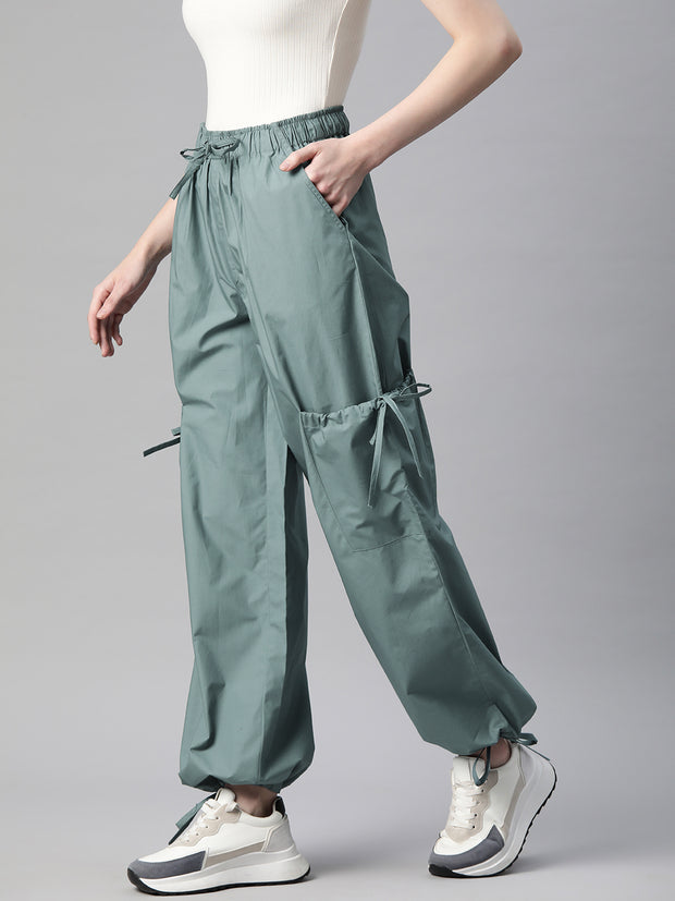 Teal Loose Fit High-Rise Pure Cotton Parachute Cargo Trouser