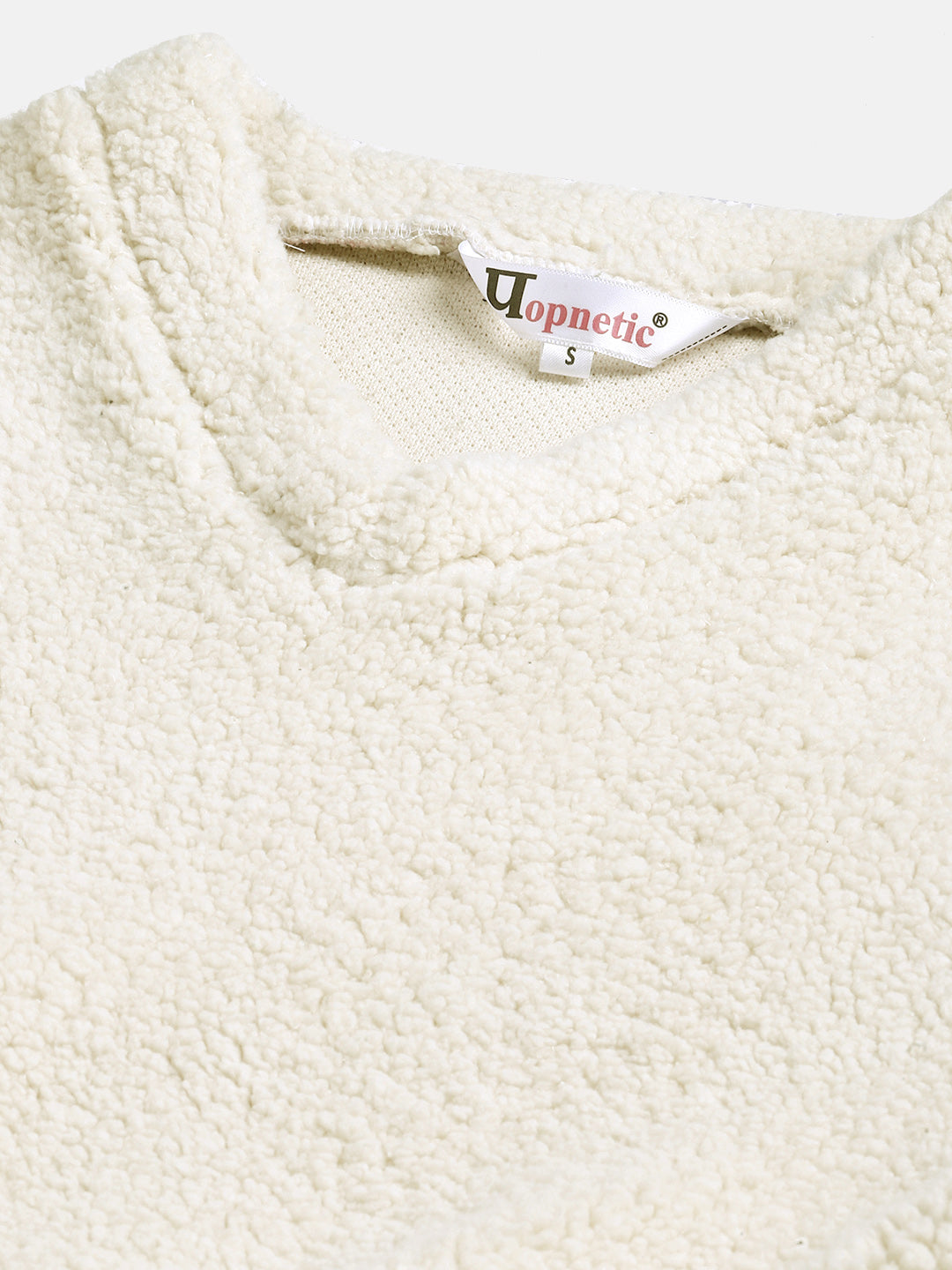 Women Off White Cropped Faux Fur Sweatshirt