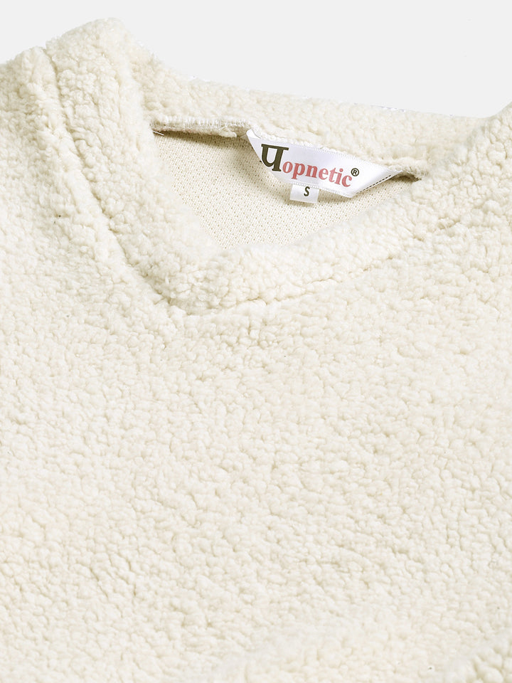 Women Off White Cropped Faux Fur Sweatshirt