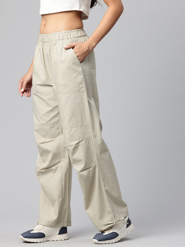 Beige Women Loose Fit High-Rise Cargos Trousers