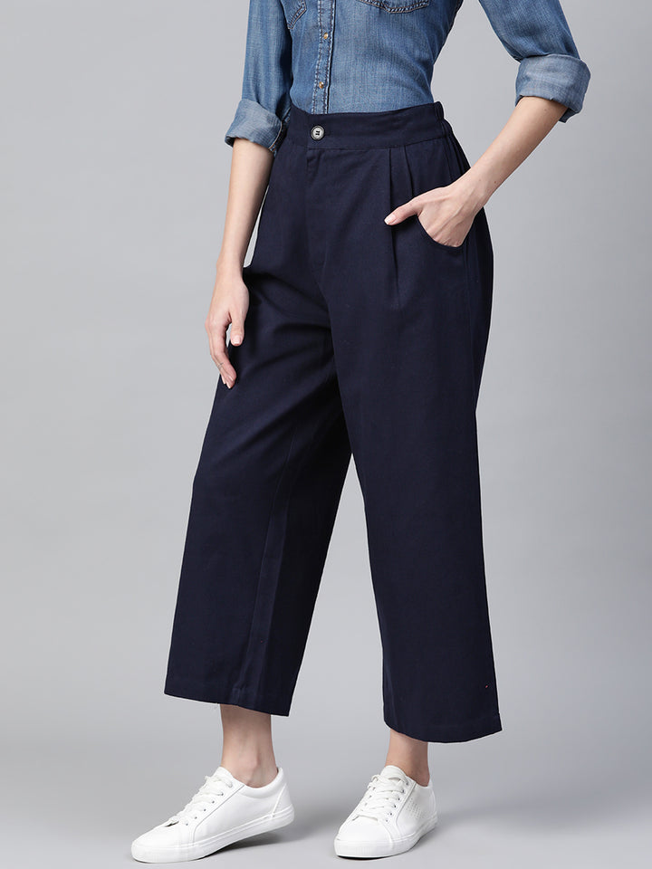 Women Blue Cotton Cropped Parallel Trousers