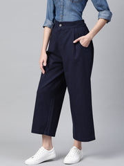Women Blue Cotton Cropped Parallel Trousers