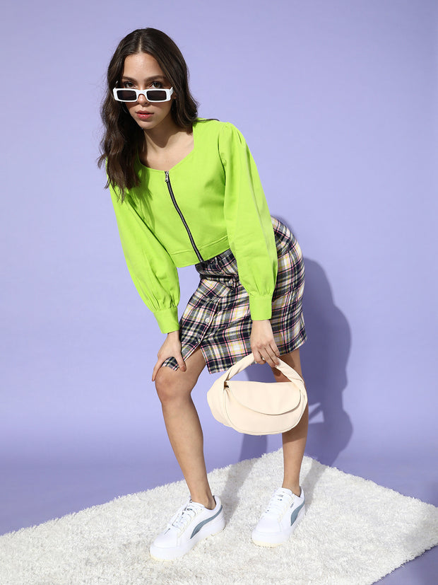 Women Fluorescent Green Solid Pure Cotton Cropped Jacket