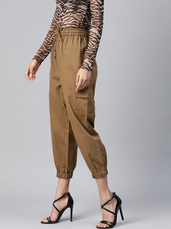 Women Khaki High-Rise Cargo Joggers