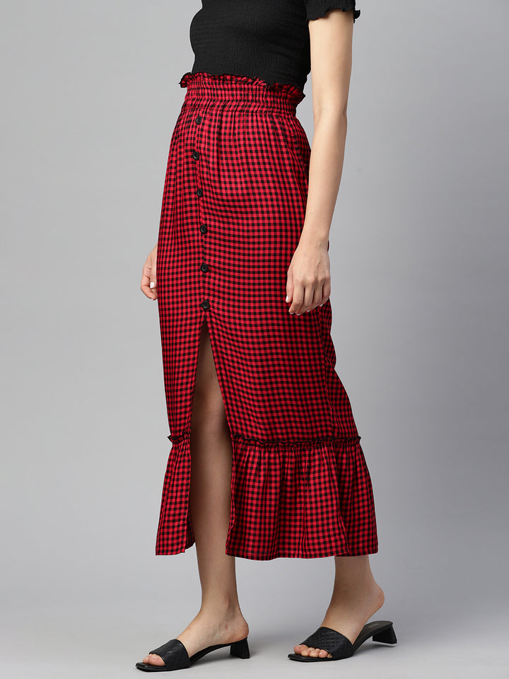 Gingham Checks Front Slit Skirt