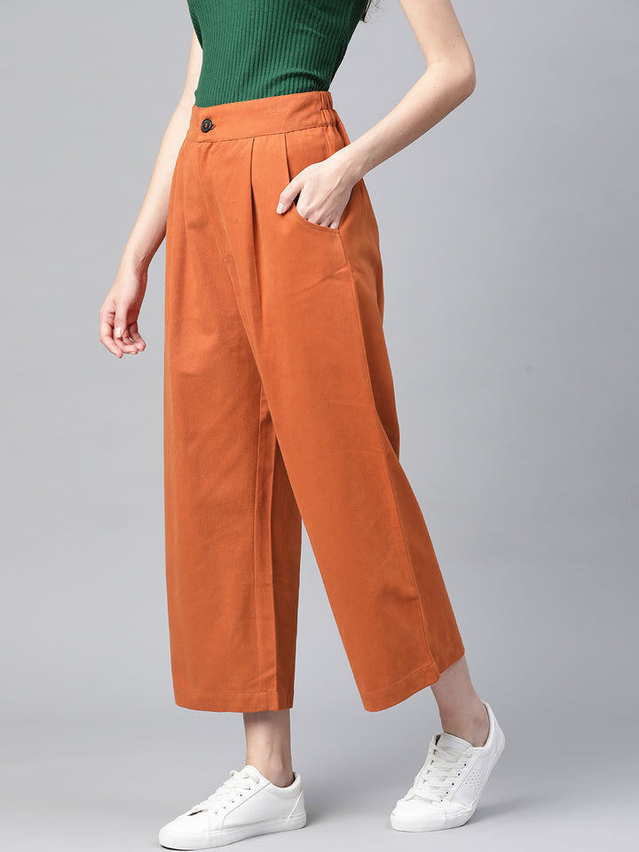 Women Rust Orange Cotton Cropped Parallel Trousers