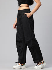 Black Women Loose Fit High-Rise Cargos Trousers