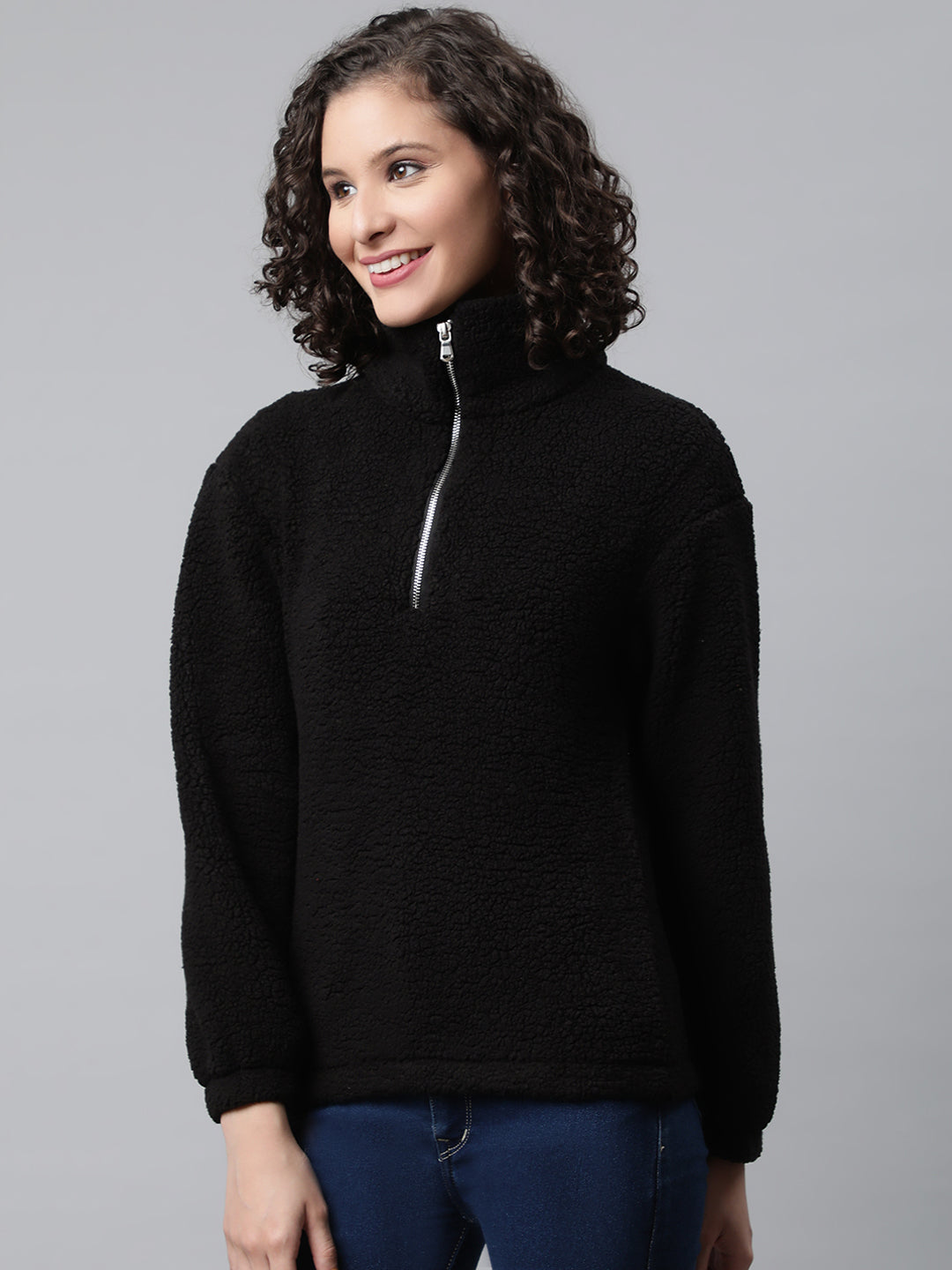 Women Black Faux Fur Sweatshirt, Half Zipper