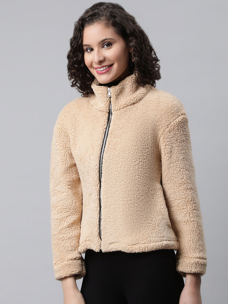 Woman Beige Faux-Fur Sweatshirt, Full Zipper