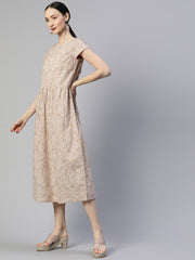 Beige and White Abstract Printed Cotton A-Line Dress