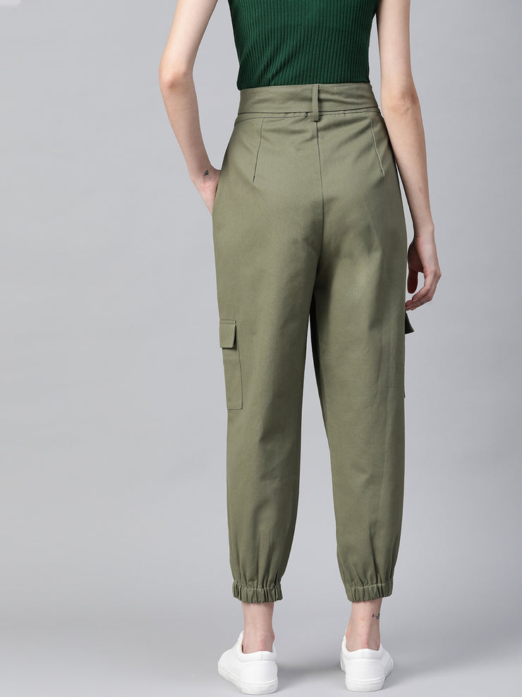 Women Olive Green  Cotton Cropped Cargo Joggers with Belt