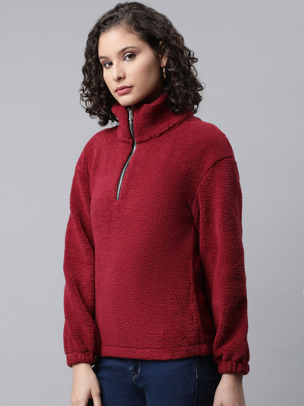 Women Maroon Faux Fur Sweatshirt, Half Zipper