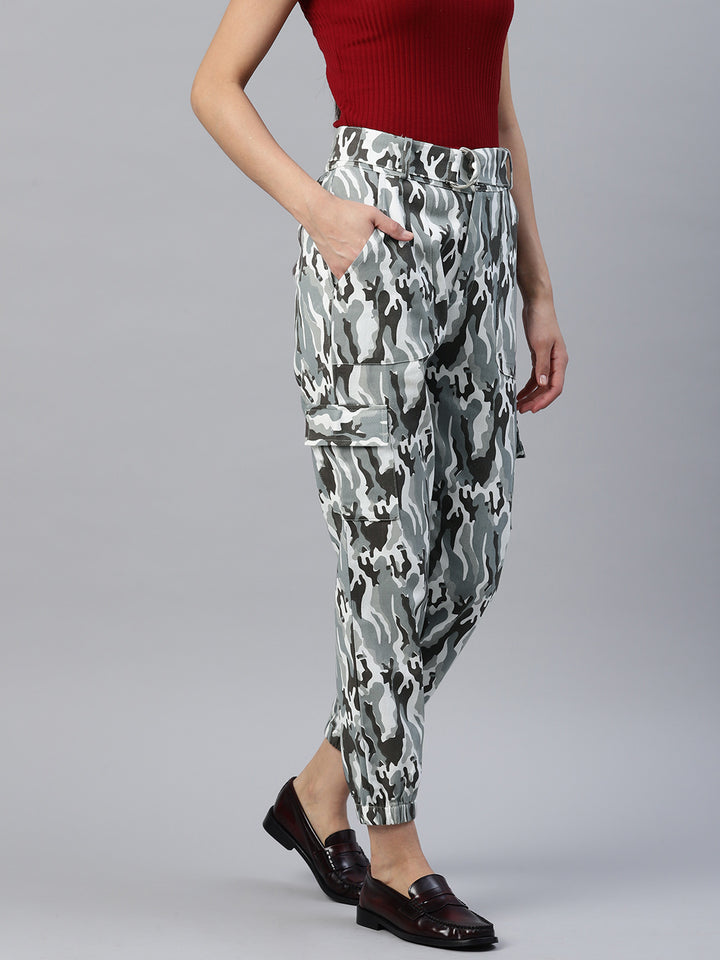 Grey Camouflage Printed Cargos Trousers with Belt