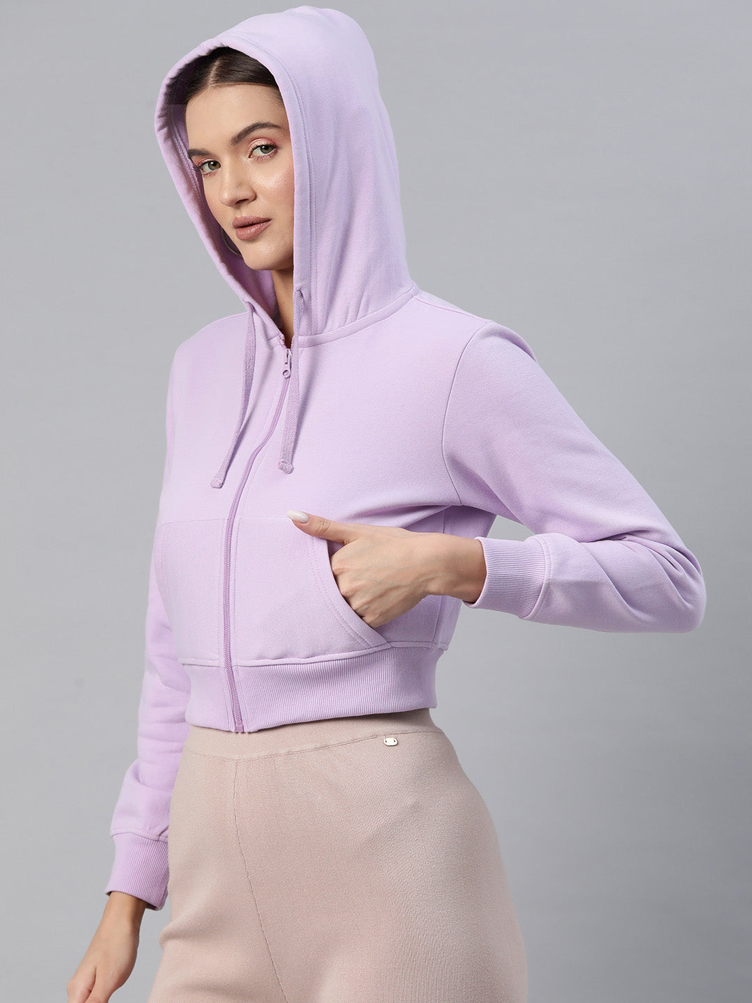Lavender Hooded Cropped Fleece Sweatshirt
