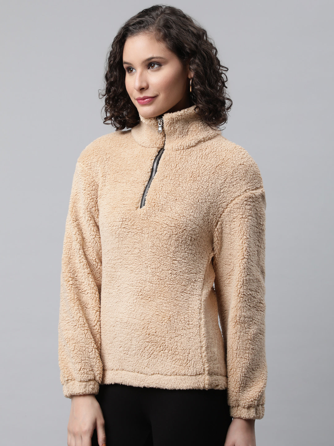 Women Beige Faux Fur Sweatshirt, Half Zipper