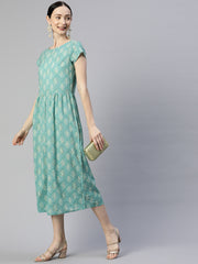 Pastel Green Abstract Printed Cotton A-Line Dress