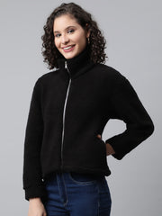 Woman Black Faux-Fur Sweatshirt, Full Zipper