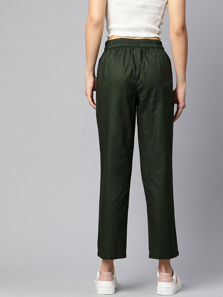 Olive Green Pure Cotton Peg Trousers