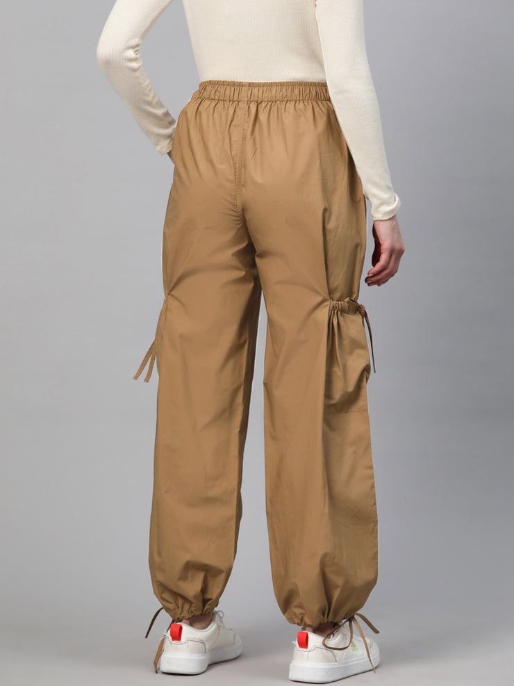 Taupe Loose Fit High-Rise Pure Cotton Parachute Cargo Trouser