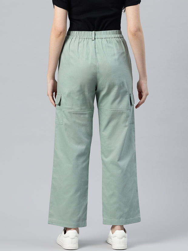 Sea Green Flat-Front High-Rise Pure Cotton Cargos