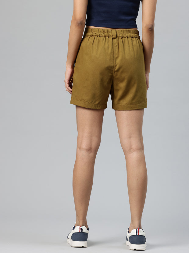 Khaki High-Rise Pure Cotton Cargo Shorts