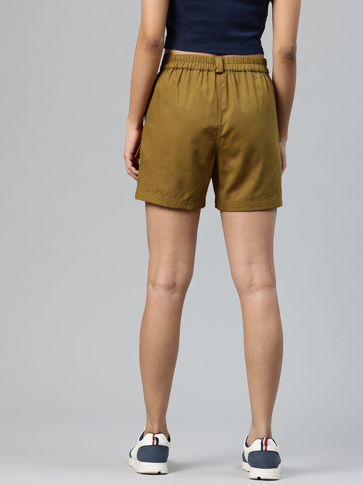 Khaki High-Rise Pure Cotton Cargo Shorts