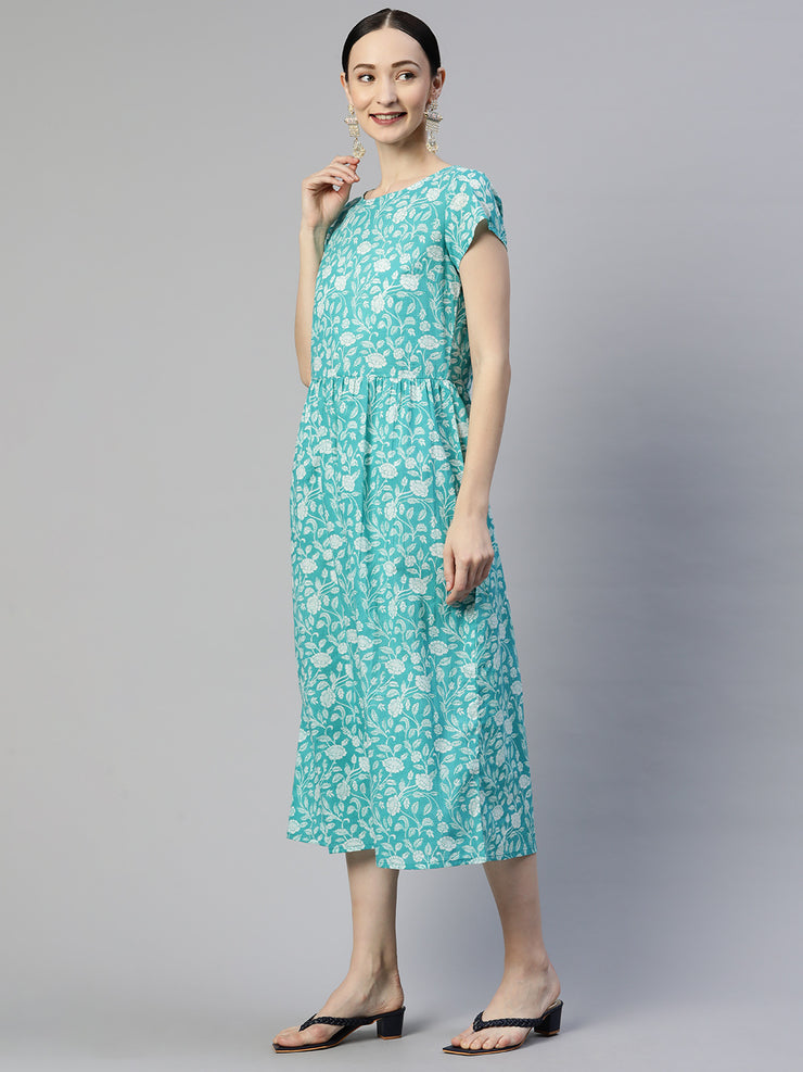 Sea Green Floral Printed Cotton A-Line Dress