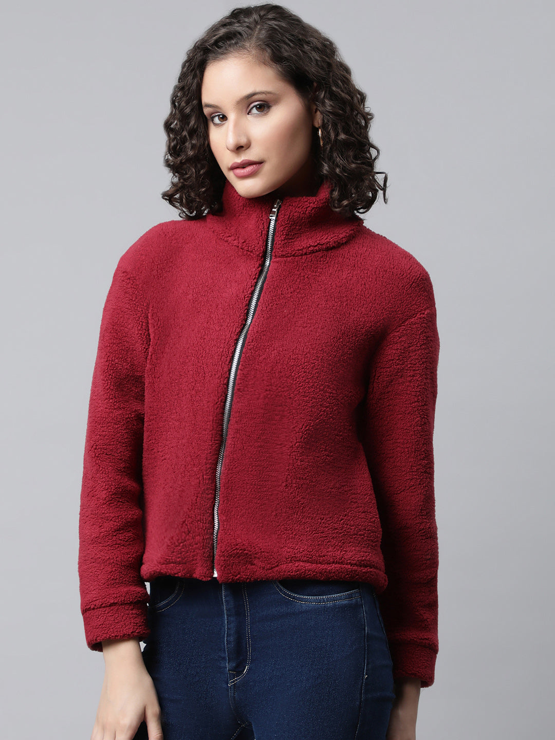 Woman Maroon Faux Fur Sweatshirt, Full Zipper