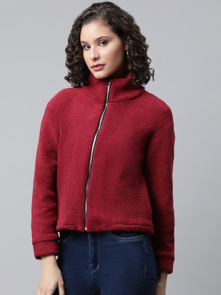 Woman Maroon Faux Fur Sweatshirt, Full Zipper