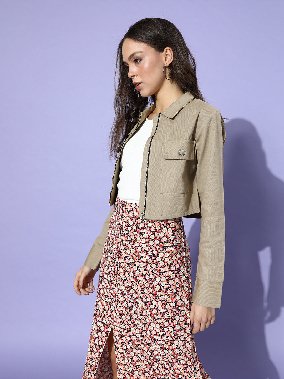 Grey Solid Pure Cotton Cropped Jacket