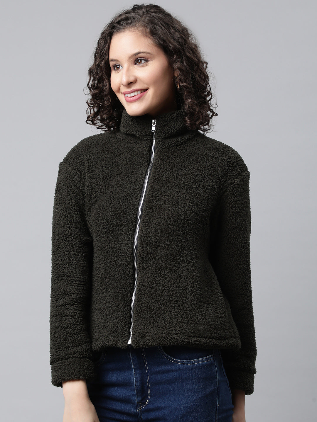Woman Green Faux-Fur Sweatshirt, Full Zipper