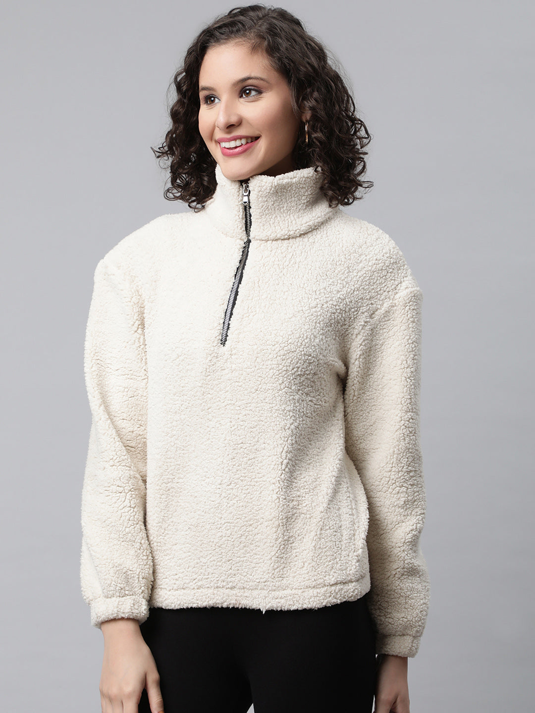 Women Off White Faux Fur Sweatshirt, Half Zipper