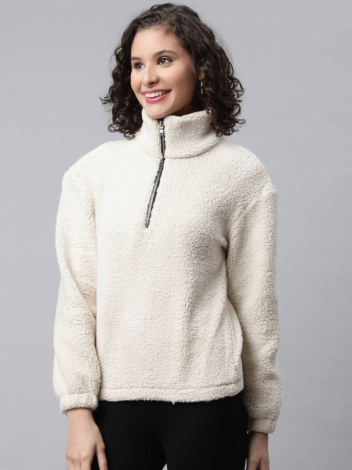 Women Off White Faux Fur Sweatshirt, Half Zipper