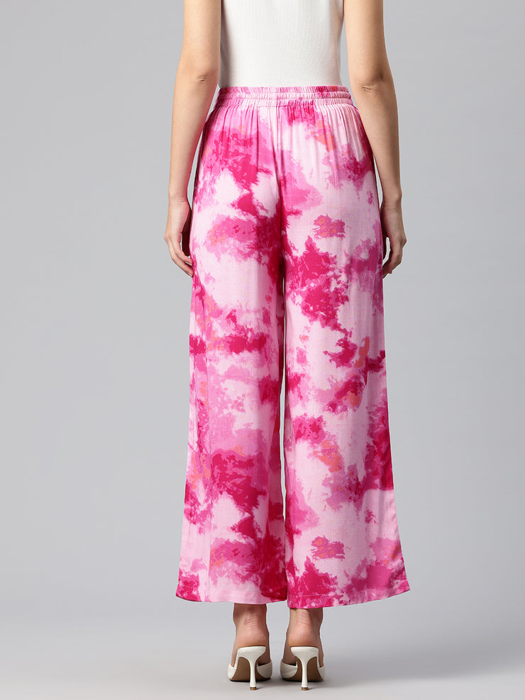 Pink Women Tie and Dye Printed Wide Leg High-Rise Trousers