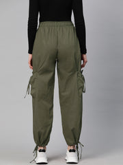 Olive Green Loose Fit High-Rise Pure Cotton Parachute Cargo Trouser