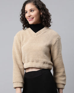 Beige Cropped Faux Fur Sweatshirt