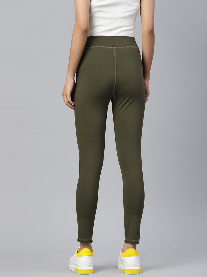 Olive Green Solid Ankle Length Slim Fit Leggings
