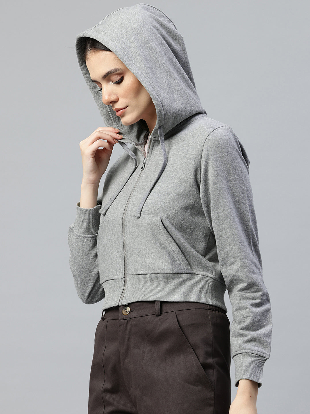Grey melange Crop Fleece Hooded Sweatshirt – Popnetic