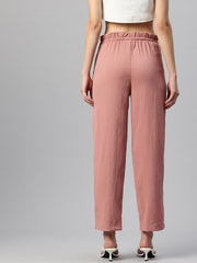 Pink Woven Textured High-Rise Trousers