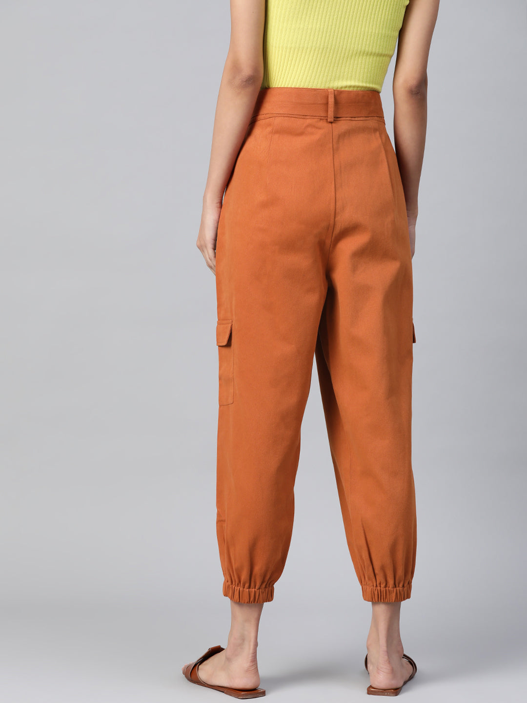 Women Rust Orange Cotton Cropped Cargo Joggers with Belt