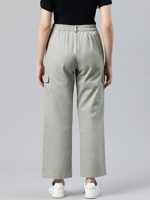 Grey Flat-Front High-Rise Pure Cotton Cargos