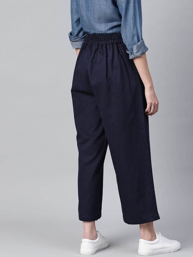 Women Blue Cotton Cropped Parallel Trousers