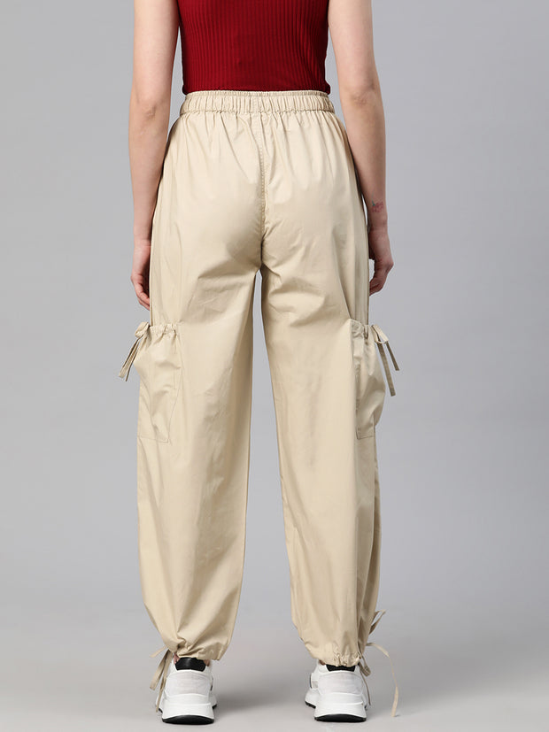 Beige Loose Fit High-Rise Pure Cotton Parachute Cargo Trouser