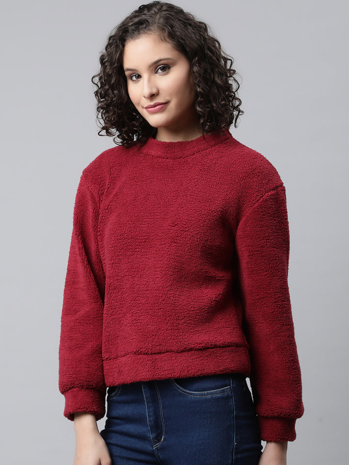 Woman Maroon Faux Fur Sweatshirt