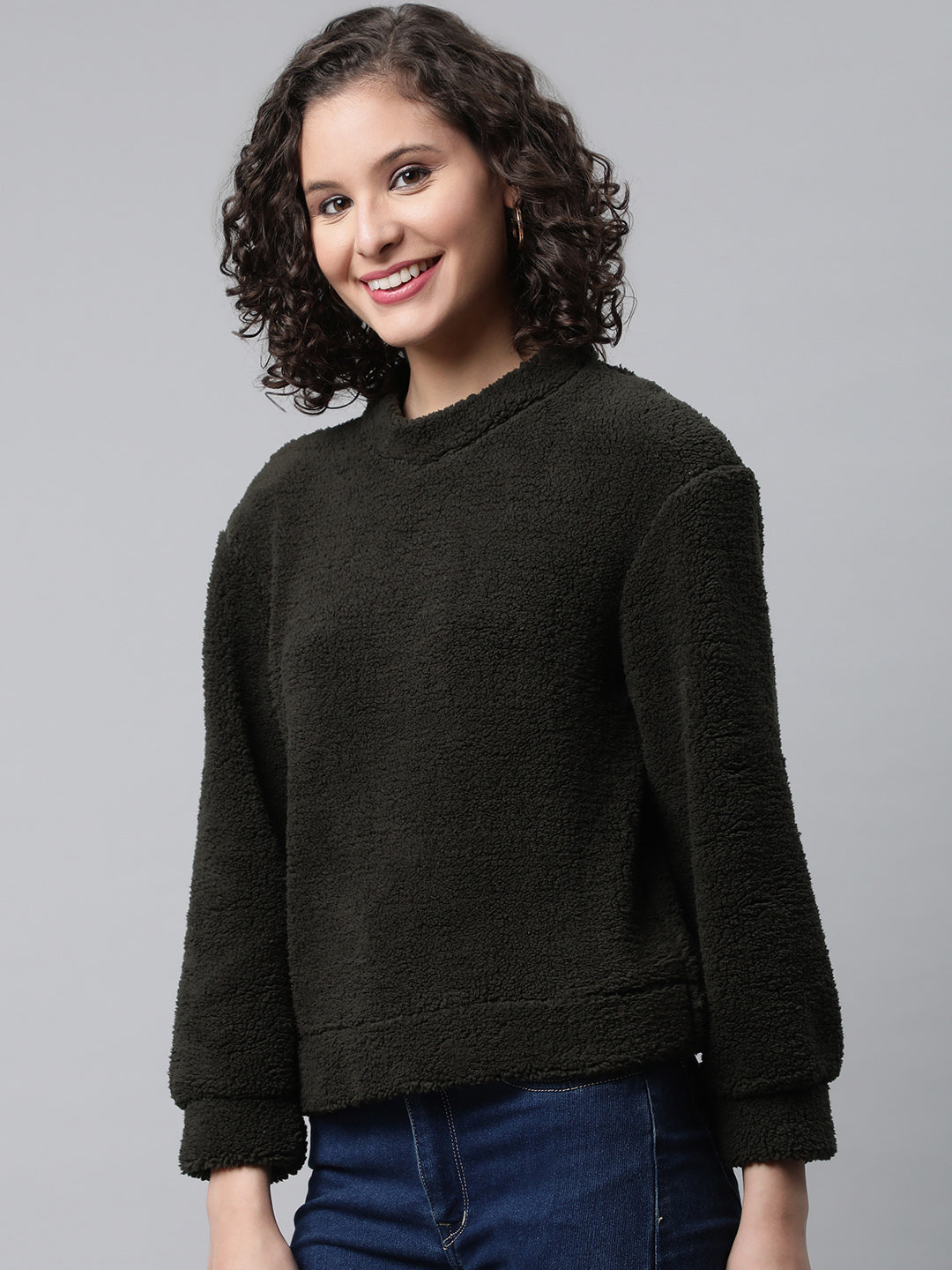 Woman Olive Green Faux Fur Sweatshirt