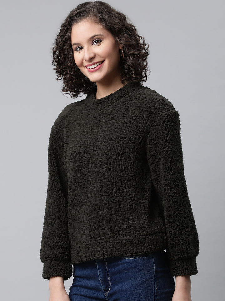 Woman Olive Green Faux Fur Sweatshirt